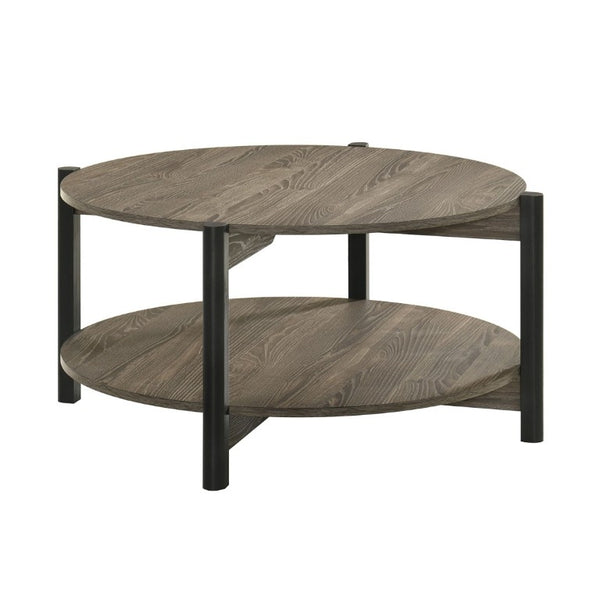 English Elm Transitional Round Coffee Table with Open Shelf Low Profile Wood Grain Living Room Dark Gray B2741P565568