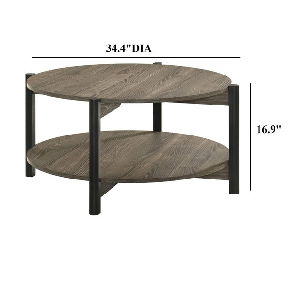 English Elm Transitional Round Coffee Table with Open Shelf Low Profile Wood Grain Living Room Dark Gray B2741P565568