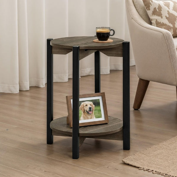 English Elm 1Pc Round End Table with Open Shelf Matte Wood Grain Finish for Living Room Dark Gray B2741P565569