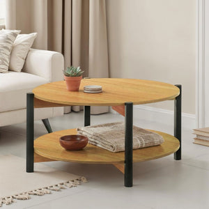 English Elm Transitional Round Coffee Table with Open Shelf Low Profile Wood Grain Living Room Oak B2741P565573