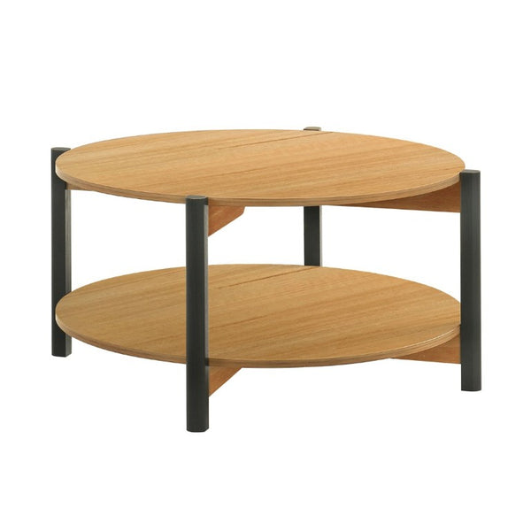 English Elm Transitional Round Coffee Table with Open Shelf Low Profile Wood Grain Living Room Oak B2741P565573