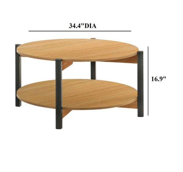 English Elm Transitional Round Coffee Table with Open Shelf Low Profile Wood Grain Living Room Oak B2741P565573