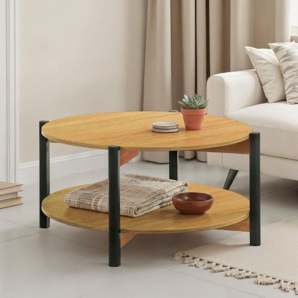 English Elm Transitional Round Coffee Table with Open Shelf Low Profile Wood Grain Living Room Oak B2741P565573
