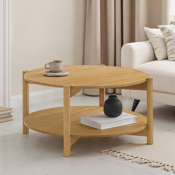English Elm Transitional Round Coffee Table with Open Shelf Low Profile Wood Grain Living Room Natural B2741P565574