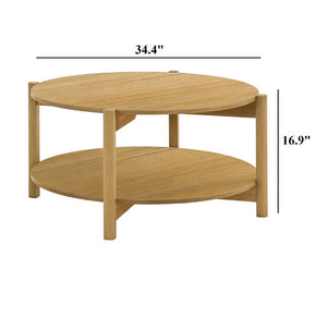 English Elm Transitional Round Coffee Table with Open Shelf Low Profile Wood Grain Living Room Natural B2741P565574