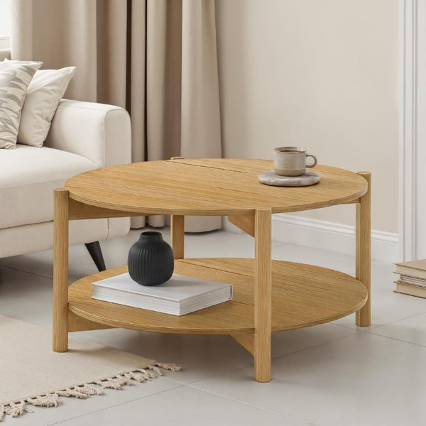 English Elm Transitional Round Coffee Table with Open Shelf Low Profile Wood Grain Living Room Natural B2741P565574
