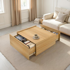 English Elm Transitional Square Coffee Table with Dual Access Drawers for Modern Living Rooms Natural B2741P565578