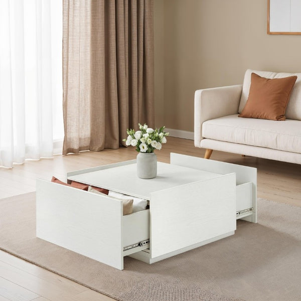 English Elm Transitional Square Coffee Table with Dual Access Drawers for Modern Living Rooms White B2741P565580