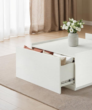 English Elm Transitional Square Coffee Table with Dual Access Drawers for Modern Living Rooms White B2741P565580