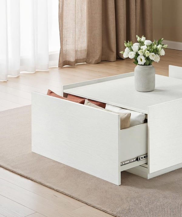 English Elm Transitional Square Coffee Table with Dual Access Drawers for Modern Living Rooms White B2741P565580
