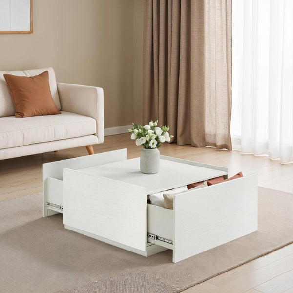 English Elm Transitional Square Coffee Table with Dual Access Drawers for Modern Living Rooms White B2741P565580