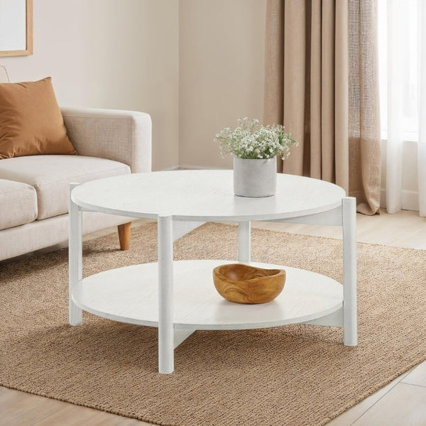 English Elm Transitional Round Coffee Table with Open Shelf Low Profile Wood Grain Living Room White B2741P565588