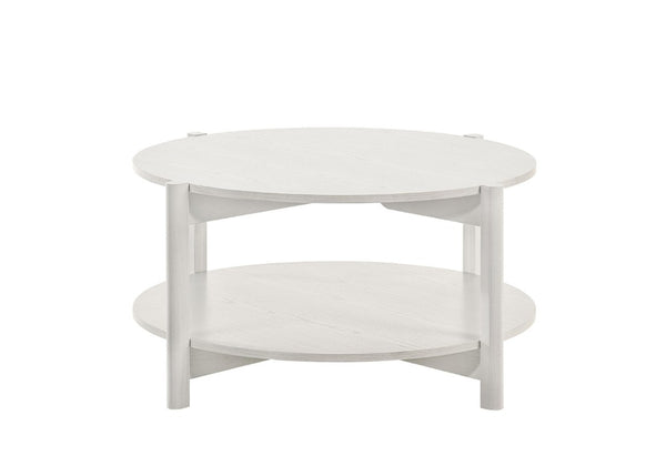 English Elm Transitional Round Coffee Table with Open Shelf Low Profile Wood Grain Living Room White B2741P565588