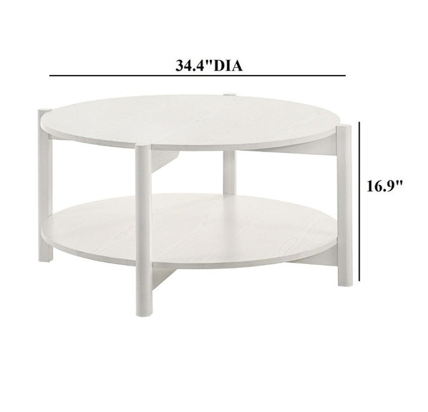 English Elm Transitional Round Coffee Table with Open Shelf Low Profile Wood Grain Living Room White B2741P565588