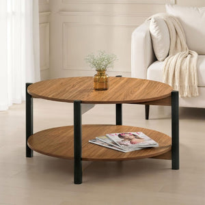 English Elm Transitional Round Coffee Table with Open Shelf Low Profile Wood Grain Living Room Walnut B2741P565591