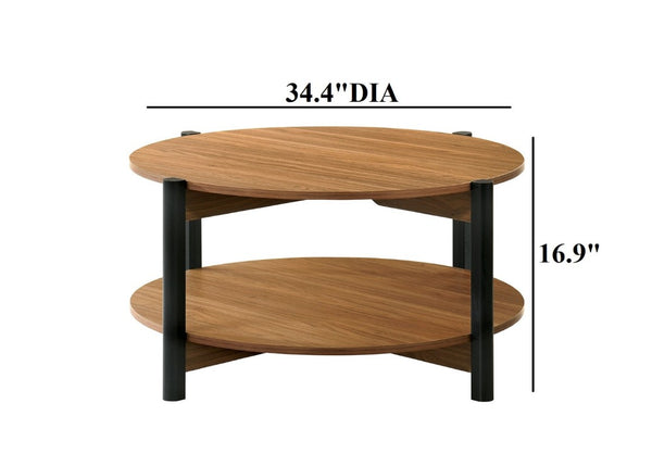 English Elm Transitional Round Coffee Table with Open Shelf Low Profile Wood Grain Living Room Walnut B2741P565591