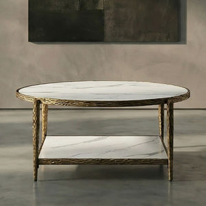 English Elm Contemporary Round Sintered Stone Coffee Table with Matte Steel Frame and Open Shelf Gold B2741P565599