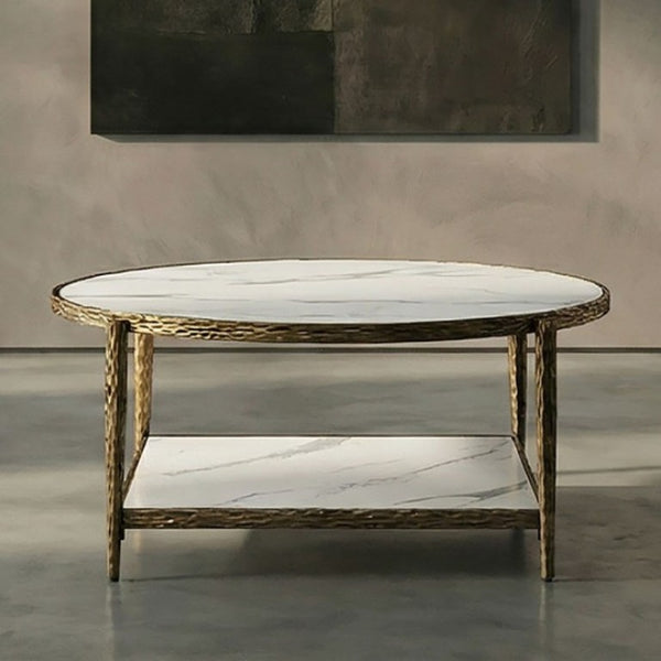 English Elm Contemporary Round Sintered Stone Coffee Table with Matte Steel Frame and Open Shelf Gold B2741P565599