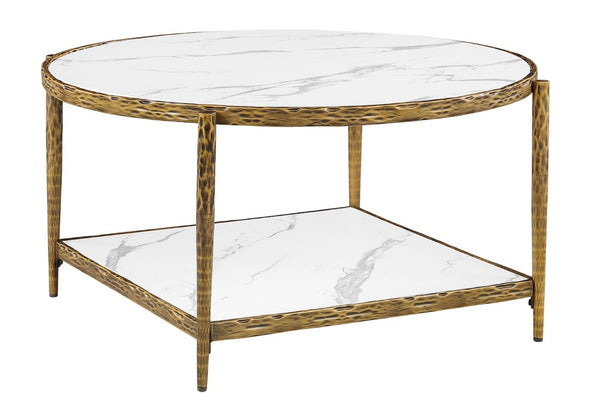 English Elm Contemporary Round Sintered Stone Coffee Table with Matte Steel Frame and Open Shelf Gold B2741P565599