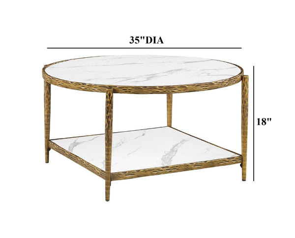 English Elm Contemporary Round Sintered Stone Coffee Table with Matte Steel Frame and Open Shelf Gold B2741P565599
