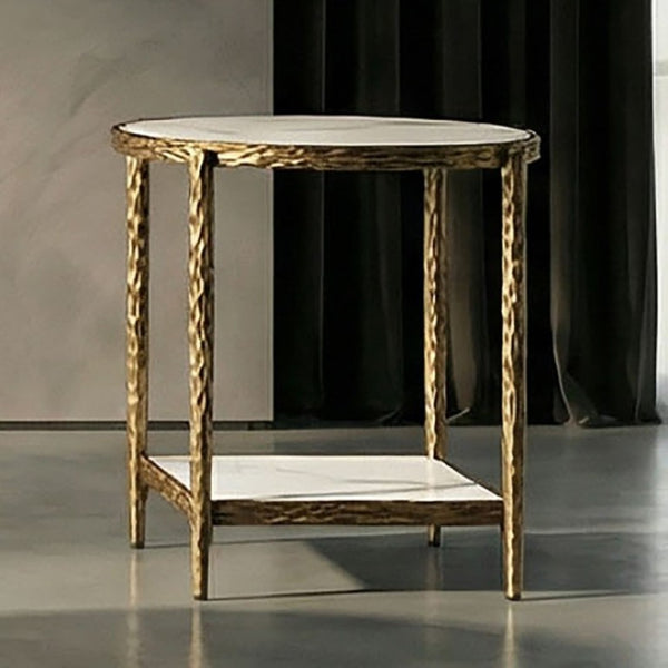 English Elm Contemporary Sintered Stone End Table with Matte Steel Frame and Open Shelf Design Gold B2741P565604