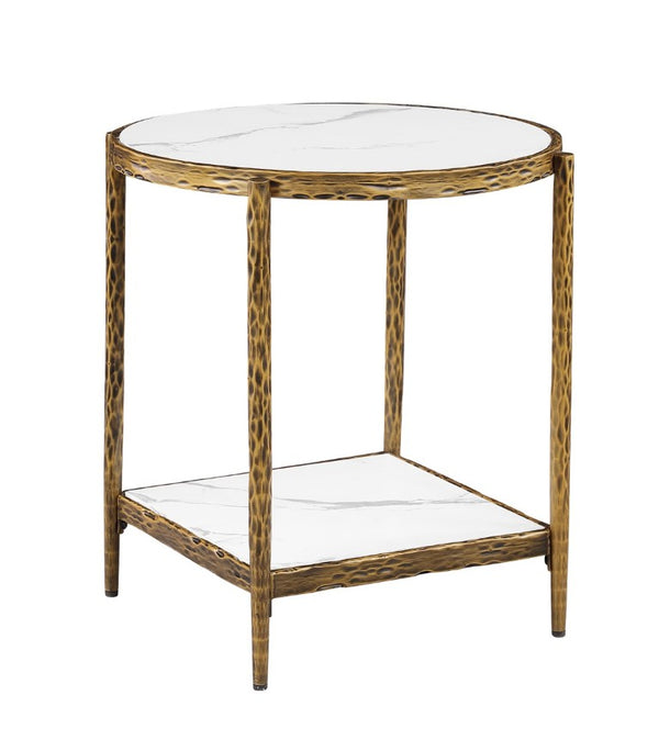 English Elm Contemporary Sintered Stone End Table with Matte Steel Frame and Open Shelf Design Gold B2741P565604