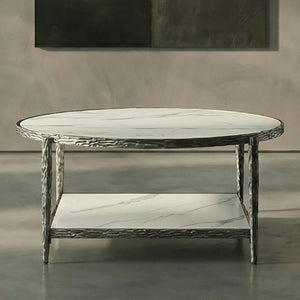 English Elm Contemporary Round Sintered Stone Coffee Table with Matte Steel Frame and Open Shelf Gunmetal B2741P565605