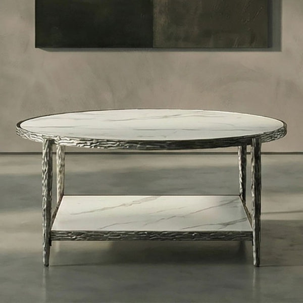 English Elm Contemporary Round Sintered Stone Coffee Table with Matte Steel Frame and Open Shelf Gunmetal B2741P565605