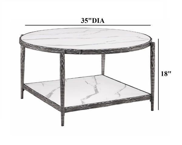 English Elm Contemporary Round Sintered Stone Coffee Table with Matte Steel Frame and Open Shelf Gunmetal B2741P565605