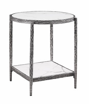 English Elm Contemporary Sintered Stone End Table with Matte Steel Frame and Open Shelf Design Gunmetal B2741P565610