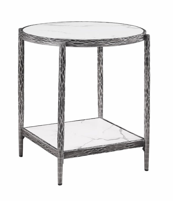 English Elm Contemporary Sintered Stone End Table with Matte Steel Frame and Open Shelf Design Gunmetal B2741P565610