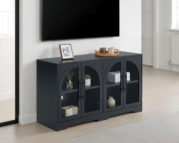 English Elm Rustic Console Cabinet with Tempered Glass Doors Adjustable Shelves and Dark Metal Hardware Black B2741P565628