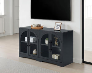 English Elm Rustic Console Cabinet with Tempered Glass Doors Adjustable Shelves and Dark Metal Hardware Black B2741P565628