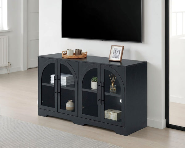English Elm Rustic Console Cabinet with Tempered Glass Doors Adjustable Shelves and Dark Metal Hardware Black B2741P565628