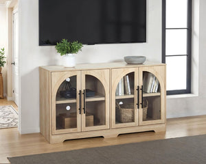 English Elm Rustic Console Cabinet with Tempered Glass Doors Adjustable Shelves and Dark Metal Hardware Natural B2741P565630