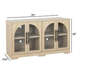 English Elm Rustic Console Cabinet with Tempered Glass Doors Adjustable Shelves and Dark Metal Hardware Natural B2741P565630