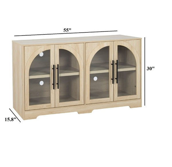 English Elm Rustic Console Cabinet with Tempered Glass Doors Adjustable Shelves and Dark Metal Hardware Natural B2741P565630