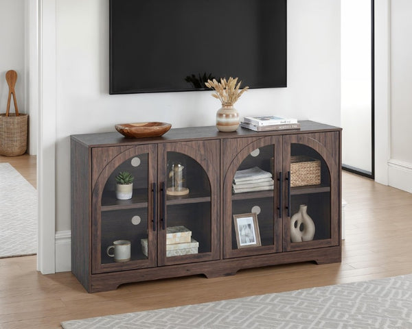 English Elm Rustic Console Cabinet with Tempered Glass Doors Adjustable Shelves and Dark Metal Hardware Walnut B2741P565631