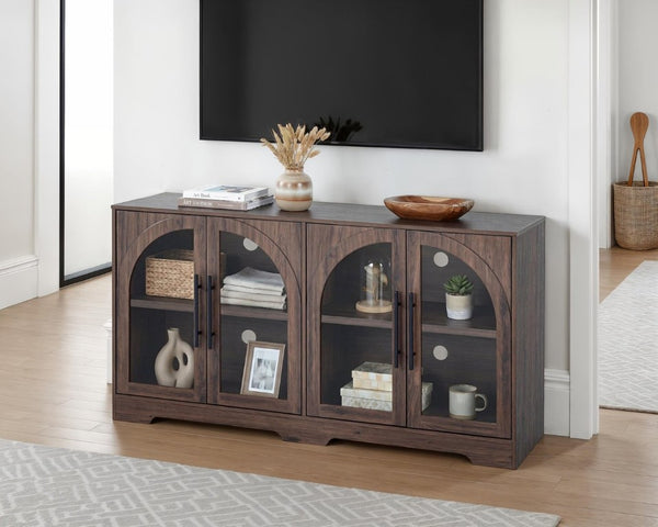 English Elm Rustic Console Cabinet with Tempered Glass Doors Adjustable Shelves and Dark Metal Hardware Walnut B2741P565631