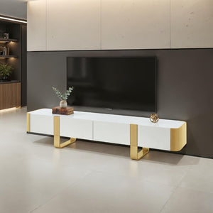 English Elm Contemporary Gold Frame Glass Shelf TV Stand with Soft Close Cabinet for Living Room White and Gold B2741P565632