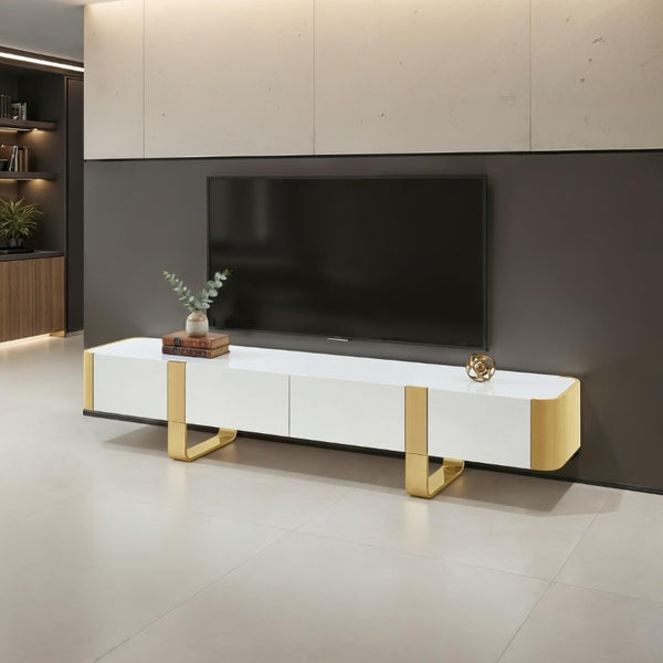 English Elm Contemporary Gold Frame Glass Shelf TV Stand with Soft Close Cabinet for Living Room White and Gold B2741P565632