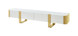 English Elm Contemporary Gold Frame Glass Shelf TV Stand with Soft Close Cabinet for Living Room White and Gold B2741P565632