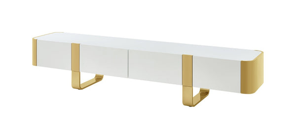 English Elm Contemporary Gold Frame Glass Shelf TV Stand with Soft Close Cabinet for Living Room White and Gold B2741P565632