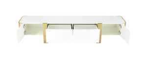 English Elm Contemporary Gold Frame Glass Shelf TV Stand with Soft Close Cabinet for Living Room White and Gold B2741P565632