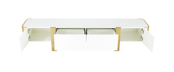 English Elm Contemporary Gold Frame Glass Shelf TV Stand with Soft Close Cabinet for Living Room White and Gold B2741P565632