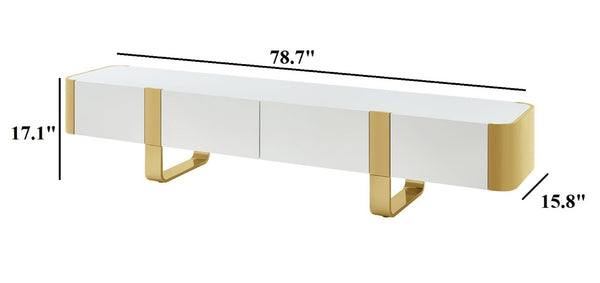 English Elm Contemporary Gold Frame Glass Shelf TV Stand with Soft Close Cabinet for Living Room White and Gold B2741P565632
