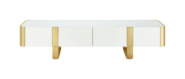 English Elm Contemporary Gold Frame Glass Shelf TV Stand with Soft Close Cabinet for Living Room White and Gold B2741P565632