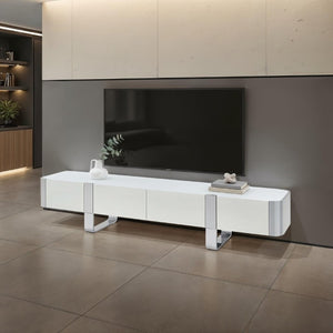 English Elm Contemporary Gold Frame Glass Shelf TV Stand with Soft Close Cabinet for Living Room White and Silver B2741P565633