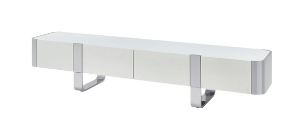 English Elm Contemporary Gold Frame Glass Shelf TV Stand with Soft Close Cabinet for Living Room White and Silver B2741P565633