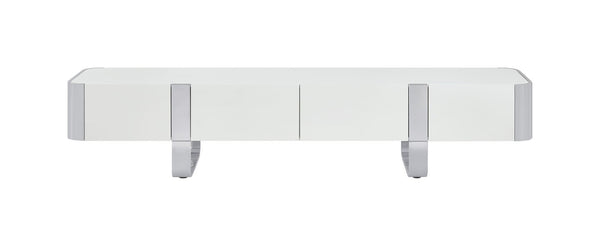 English Elm Contemporary Gold Frame Glass Shelf TV Stand with Soft Close Cabinet for Living Room White and Silver B2741P565633